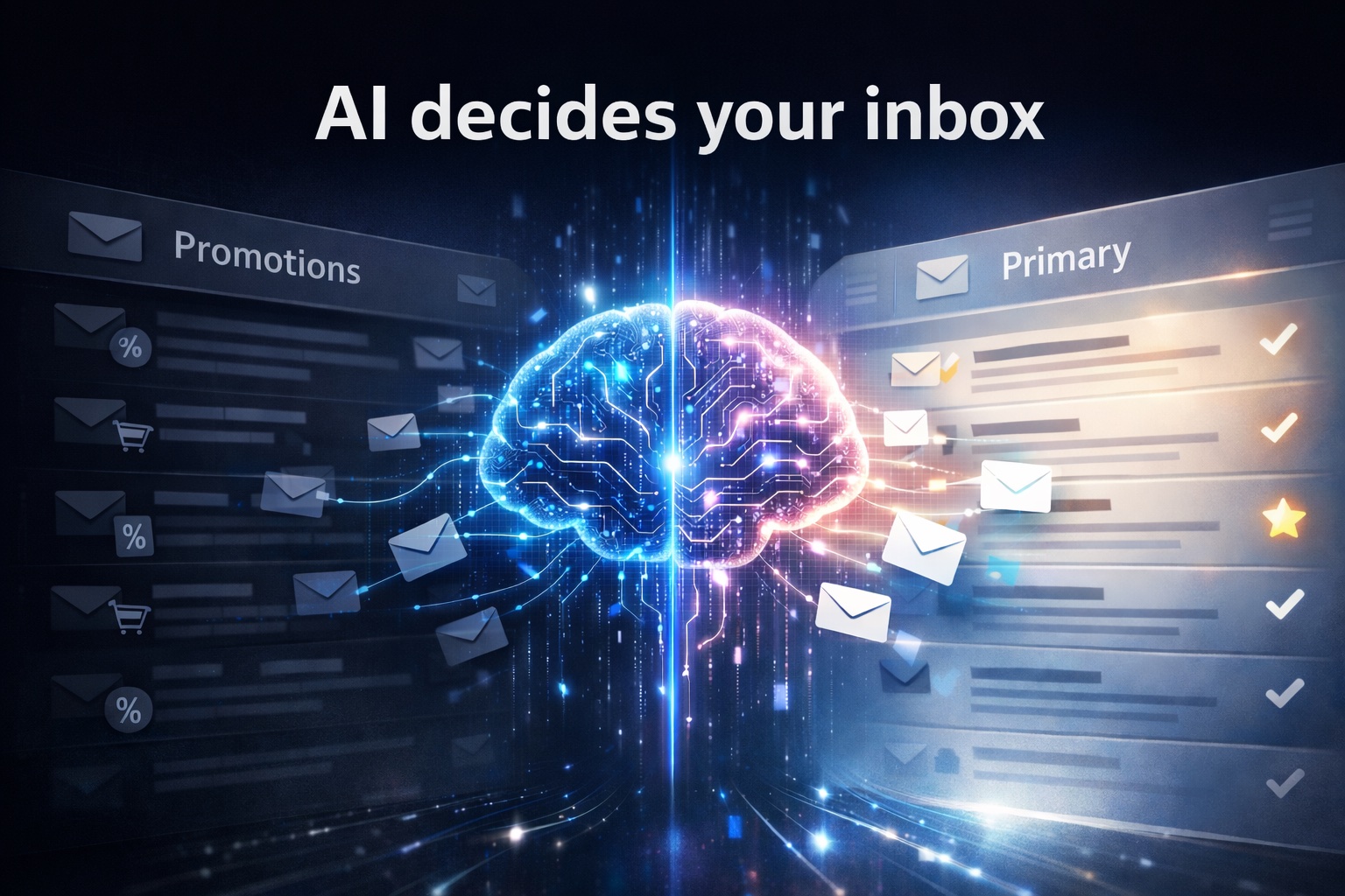 Cerebro con IA decidiendo si los emails van a la bandeja de entrada principal o a la pestaña de Promociones de Gmail